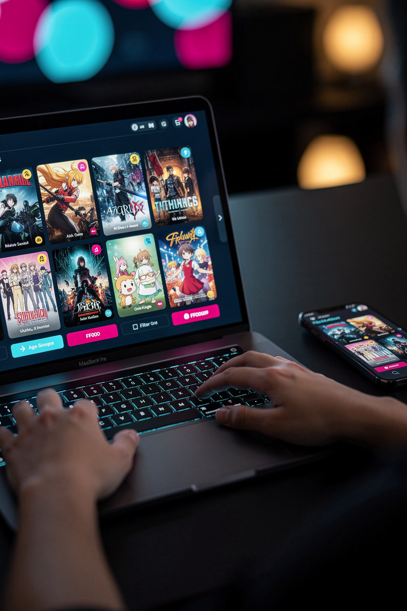 Neon Toon anime library collection featuring diverse films and series with Arabic subtitles for all age ratings